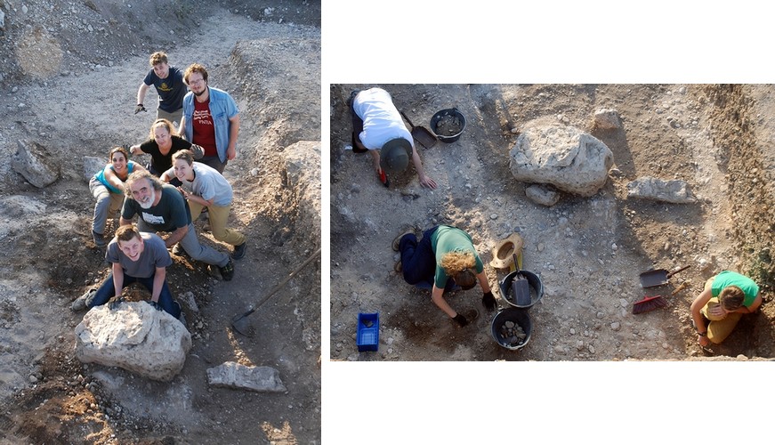 Alumnos y arqueólogos intentan mover una estela, sin mucho éxito / Vista del desarrollo de la excavación