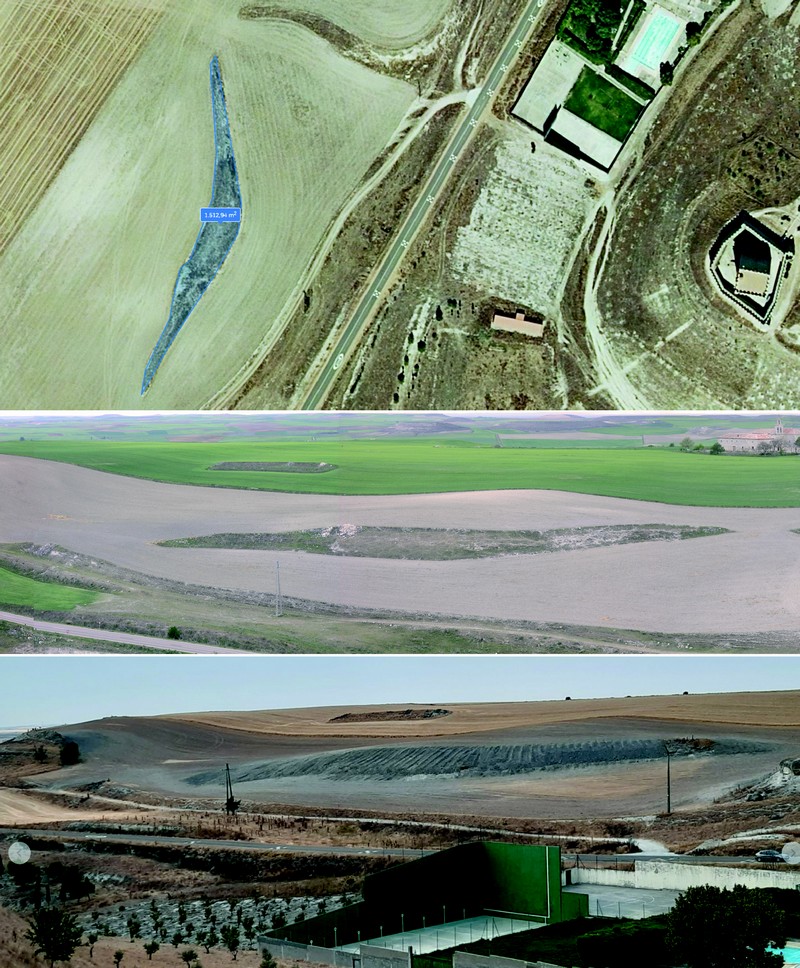 Las tres imágenes muestran el área arrasada en la Zona Arqueológica del Cerro de la Ermita de Tiedra